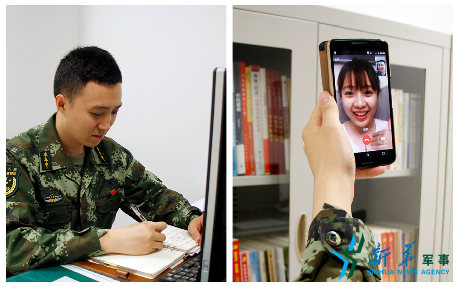 &uarr;陳德正，武警北京總隊(duì)七支隊(duì)某中隊(duì)指導(dǎo)員。七夕前夜堅(jiān)守在值班崗位上的他，在結(jié)束值班后給妻子打了個(gè)視頻電話，通過網(wǎng)絡(luò)表達(dá)著對(duì)妻子的愛意。閆星辰 攝