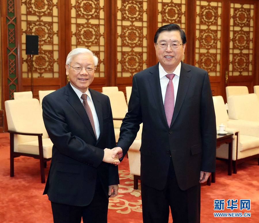 1月13日，中共中央政治局常委、全國人大常委會(huì)委員長張德江在北京人民大會(huì)堂會(huì)見越共中央總書記阮富仲。 新華社記者 劉衛(wèi)兵 攝