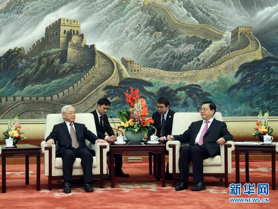 1月13日，中共中央政治局常委、全國人大常委會(huì)委員長張德江在北京人民大會(huì)堂會(huì)見越共中央總書記阮富仲。 新華社記者 劉衛(wèi)兵 攝