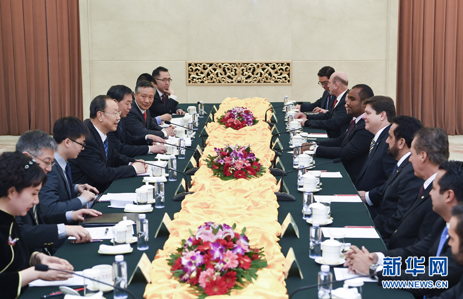 3月22日，中共中央書記處書記、全國政協(xié)副主席杜青林在北京會見巴西民主運動黨眾議院黨團領(lǐng)袖羅西率領(lǐng)的該黨干部考察團。 新華社記者張領(lǐng)攝