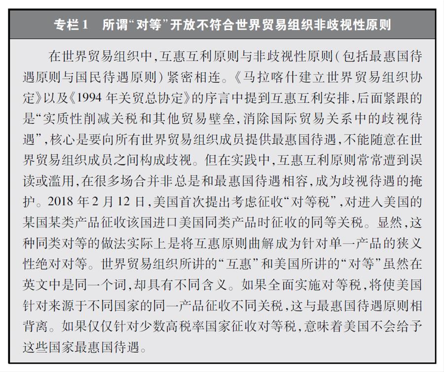 （圖表）[&ldquo;中美經(jīng)貿(mào)摩擦&rdquo;白皮書]專欄1 所謂&ldquo;對等&rdquo;開放不符合世界貿(mào)易組織非歧視性原則