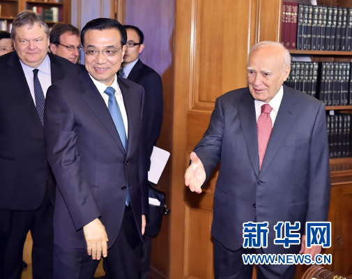 6月20日，國務(wù)院總理李克強在雅典總統(tǒng)府會見希臘總統(tǒng)帕普利亞斯。新華社記者 李濤 攝