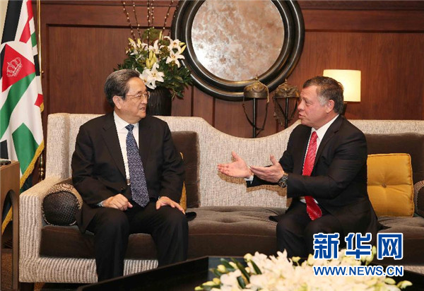 11月9日，正在約旦進行正式友好訪問的全國政協(xié)主席俞正聲在安曼會見約旦國王阿卜杜拉二世。 新華社記者 劉衛(wèi)兵 攝 