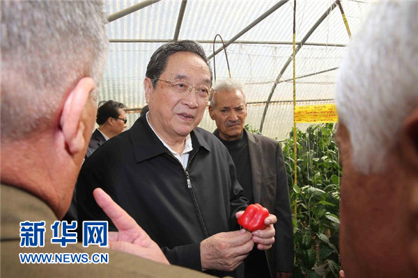 11月8日，正在約旦進行正式友好訪問的全國政協(xié)主席俞正聲在約旦河谷參觀碩果農(nóng)業(yè)合作社。 新華社記者 劉衛(wèi)兵 攝 