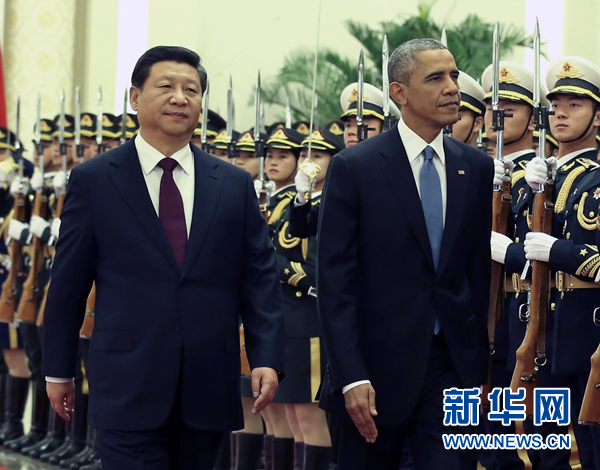 11月12日，國家主席習近平在北京人民大會堂舉行歡迎儀式，歡迎美國總統(tǒng)奧巴馬對中國進行國事訪問。 新華社記者 龐興雷 攝