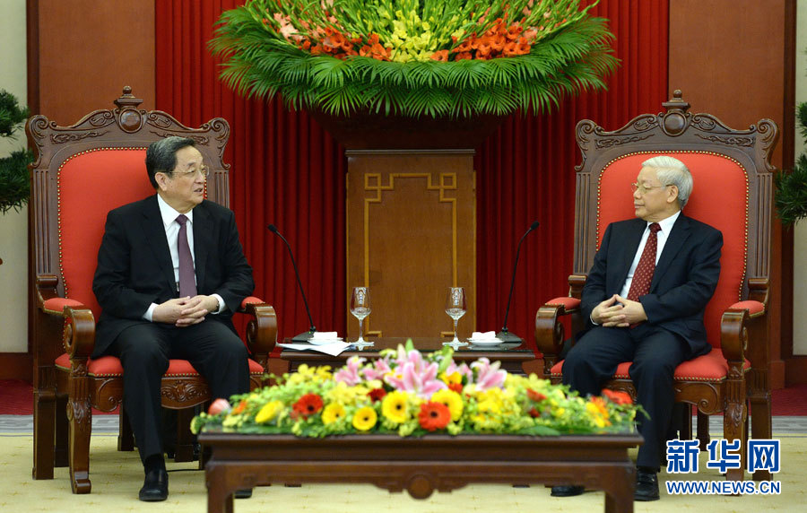 12月25日至27日，中共中央政治局常委、全國(guó)政協(xié)主席俞正聲對(duì)越南進(jìn)行正式訪問(wèn)。這是12月26日，俞正聲在河內(nèi)會(huì)見(jiàn)越共中央總書記阮富仲。 新華社記者馬占成攝