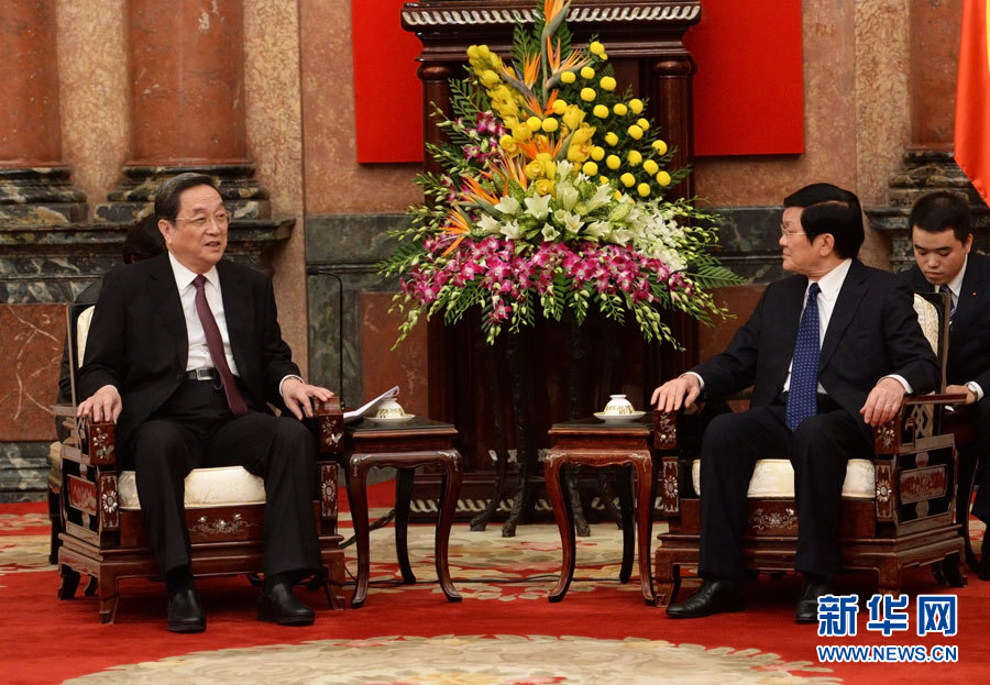 12月25日至27日，中共中央政治局常委、全國(guó)政協(xié)主席俞正聲對(duì)越南進(jìn)行正式訪問(wèn)。這是12月26日，俞正聲在河內(nèi)會(huì)見(jiàn)越南國(guó)家主席張晉創(chuàng)。 新華社記者劉建生攝